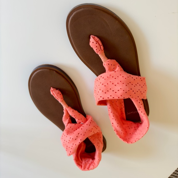 SANUK Stretchy Coral Peach Orange Leather Sling Yoga Sandals Comfy Summer Shoes - Picture 8 of 15